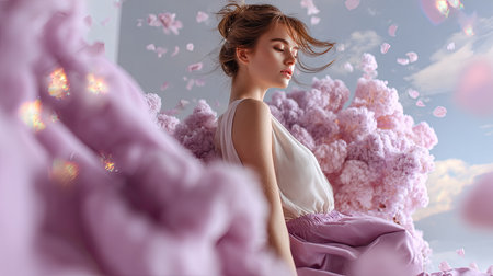 A tranquil portrait of a woman immersed in a dreamy atmosphere filled with pink flowers and soft fabrics, creating an enchanting floral fantasy.の素材