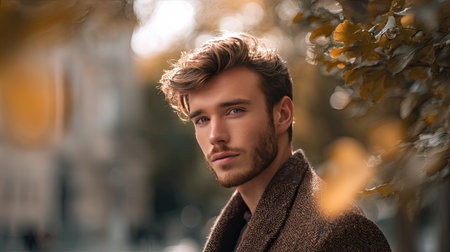 A striking portrait of a young man outdoors surrounded by autumn leaves. Soft sunlight enhances his features, creating a warm and inviting atmosphere.の素材