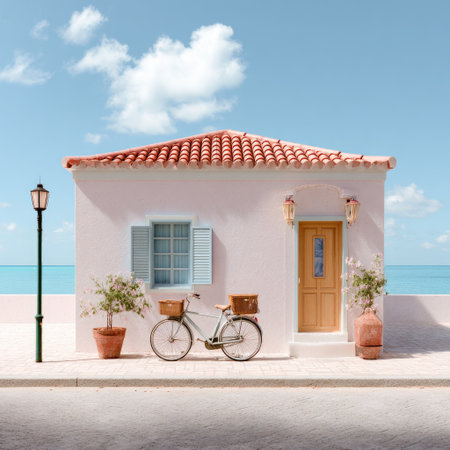 A charming coastal house with a bicycle stands against a backdrop of a bright blue sea and sunny sky, creating an inviting seaside atmosphere.の素材