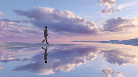 A tranquil scene featuring a man walking alone on a reflective surface, surrounded by stunning clouds. This serene composition evokes feelings of peace and introspection.の素材