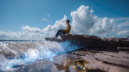 A serene scene featuring an individual sitting on a large rock beside calm water, surrounded by vibrant clouds and gentle waves, embodying peace and reflection.の素材