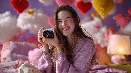 A joyful young woman smiles brightly while holding her camera in a cozy, heart-themed room. The scene captures warmth and creativity, embodying a relaxed lifestyle.の素材