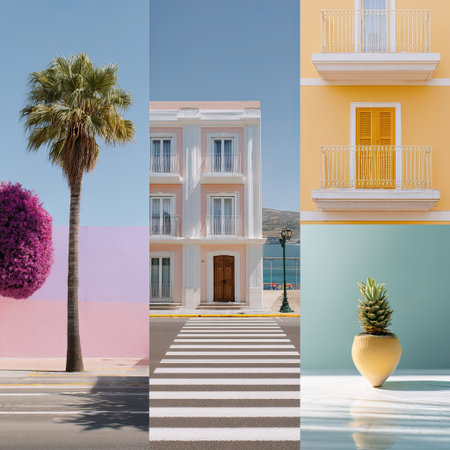An eye-catching urban scene featuring vibrant colors and nature elements, showcasing a palm tree, pink bougainvillea, and modern architecture.の素材
