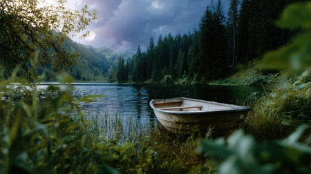 A serene lakeside image featuring a rustic boat resting gently on still waters. Lush greenery and towering mountains create an idyllic and peaceful scene, perfect for nature lovers.の素材