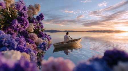 A serene scene captures a man rowing a boat amidst colorful flowers against a stunning sunset over a calm lake, evoking feelings of peace and tranquility.の素材