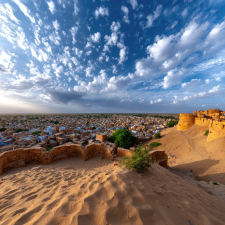 Captivating aerial view showcasing a historical desert town with unique architecture set against a dramatic sky filled with clouds. Perfect for travel and cultural themes.の素材