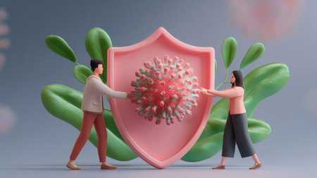This vibrant illustration features two characters collaboratively lifting a shield as a symbol of protection against a virus, emphasizing health awareness.の素材