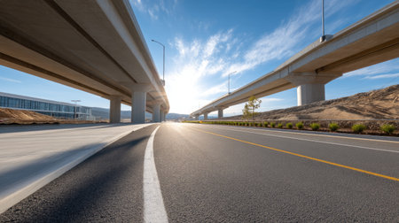 A captivating view of a modern urban roadway beneath towering overpasses, illuminated by sunlight and framed by a clear blue sky. This image showcases contemporary infrastructure and serene landscapes.の素材