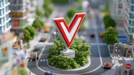 This captivating urban scene showcases a large red letter V sculpture surrounded by greenery, illustrating modern design in city life and culture.の素材