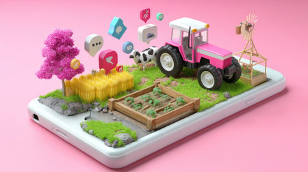 Vibrant 3D illustration showcasing a farm scene with a pink tractor, crops, animals, and a smartphone, representing modern sustainable agriculture and technology integration.の素材