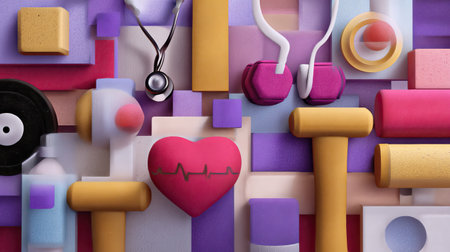 This vibrant and colorful arrangement features fitness equipment, medical tools, and playful objects, ideal for wellness, lifestyle, and creative projects.の素材