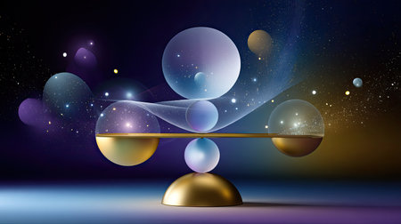 A captivating abstract composition featuring a balance of spheres and light forms against a cosmic background. This artwork evokes a sense of harmony, depth, and mystery, blending colors and shapes in a stunning visual representation of universal themes.の素材
