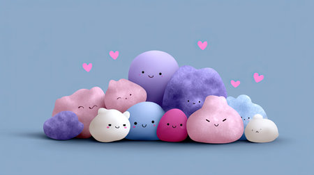 This delightful image features a collection of cute and colorful playful characters with smiles set against a soft blue background, perfect for child-friendly themes.の素材