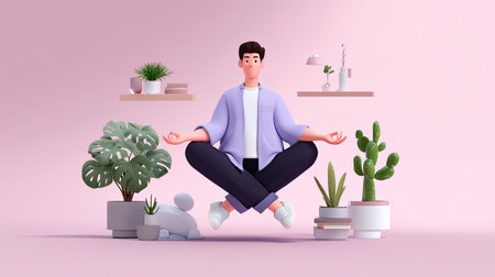 This illustration features a young man meditating in a tranquil indoor setting. Surrounded by lush plants and stylish decor, the scene evokes relaxation and harmony.の素材