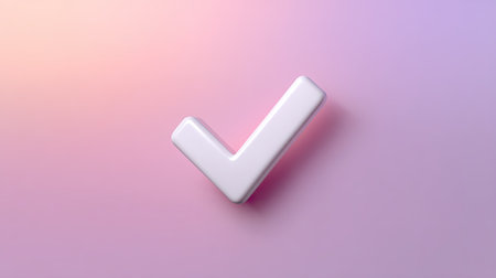 This stunning 3D render features a glossy checkmark icon set against a blend of soft pastel pink and purple shades, perfect for showcasing approval or success.の素材