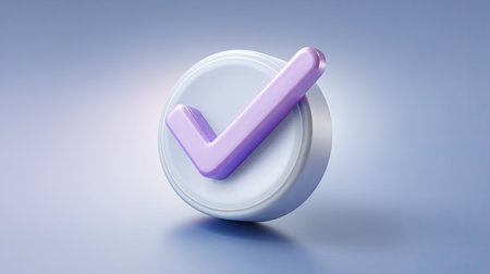 This 3D illustration features a check mark on a circular button, set against a soft gradient background. Ideal for themes of verification or success.の素材
