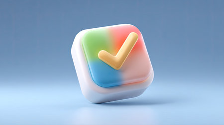 A vibrant and three-dimensional colorful check mark icon set against a smooth gradient background, perfect for representing approval and success in various digital contexts.の素材