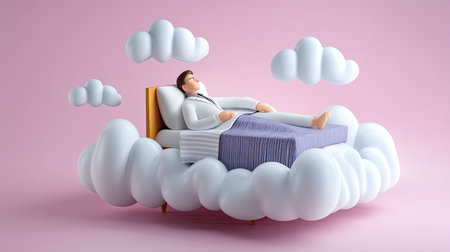 A whimsical illustration depicting a cartoon character peacefully sleeping in a fluffy cloud bed. Soft pastel colors create a dreamy and serene environment, perfect for wellness and relaxation themes.の素材