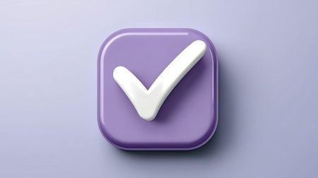 This image features a glossy purple checkmark icon against a light-colored background, representing approval, success, and modern design aesthetics for various applications.の素材