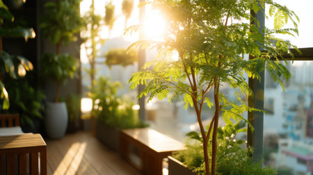 This image captures a serene indoor garden bathed in warm sunlight, showcasing lush greenery and modern decor, creating a peaceful retreat for relaxation and rejuvenation.の素材