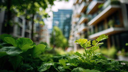 A captivating close-up shot of vibrant green plants with contemporary buildings in the blurred background, highlighting urban greenery and nature's beauty.の素材
