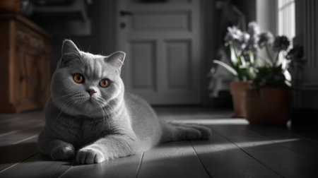 A serene grey cat lies gracefully on a sunlit wooden floor in a stylish interior, surrounded by blooming flowers, evoking tranquility and comfort.の素材