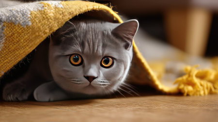 A charming gray cat peeks out from beneath a soft yellow blanket, capturing a playful and serene moment in a warm indoor environment.の素材