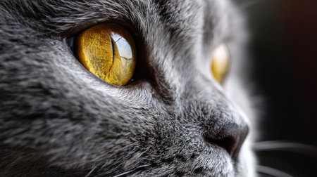 This captivating close-up captures the intricate details of a cat's eye, featuring vibrant yellow irises and soft grey fur. The image evokes an affectionate bond between pets and their owners.の素材