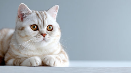 This charming domestic cat with unique stripes and warm amber eyes poses perfectly against a soft blue backdrop, embodying tranquility and cuteness.の素材