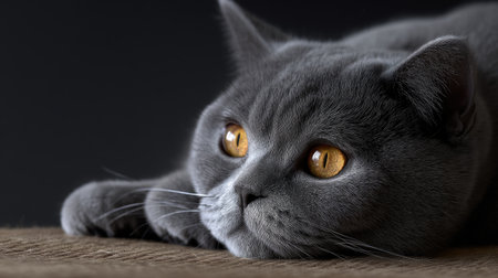 This captivating image showcases a gray cat with mesmerizing golden eyes, resting peacefully on a soft surface. The serene ambiance highlights the cat's beauty and calm demeanor.の素材