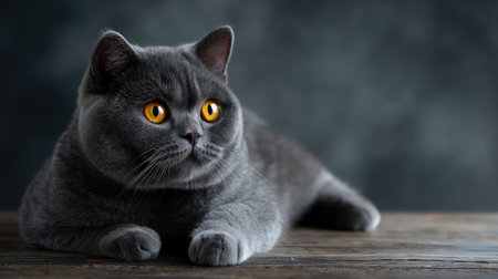 This captivating image features a gray cat with striking orange eyes, resting comfortably on a wooden surface. The dark background highlights the feline's beauty and elegance, creating a tranquil and enchanting atmosphere.の素材