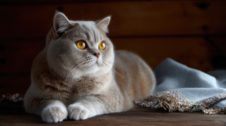 A beautiful British Shorthair cat with striking orange eyes lounges peacefully on a wooden surface, surrounded by cozy textiles, exuding warmth and charm.の素材
