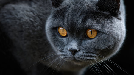 This captivating close-up portrait features a gray cat with striking orange eyes. The dramatic lighting enhances the unique details of its fur and expression, making it a perfect image for animal lovers and cat enthusiasts.の素材