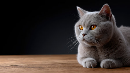 A beautiful grey cat rests comfortably on a wooden surface, showcasing its striking yellow eyes. The dark background adds a touch of elegance and focus.の素材