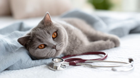 A serene gray cat relaxes on a soft bed next to a stethoscope, symbolizing care and health in veterinary medicine and pet wellness.の素材