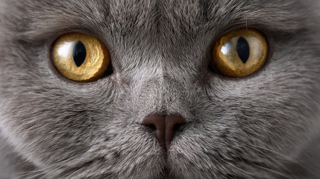 This stunning close-up image showcases a grey cat with mesmerizing yellow eyes, highlighting the intricate texture of its soft fur. Perfect for animal lovers.の素材