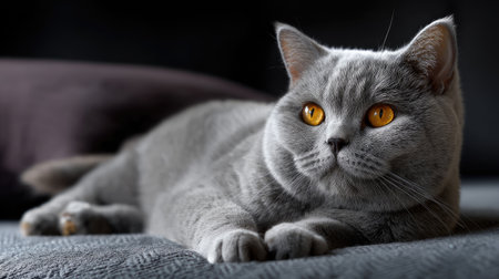 This captivating image features a grey cat with expressive orange eyes lounging peacefully on a soft surface, capturing its serene and charming demeanor.の素材