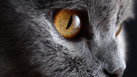 This close-up photograph captures the mesmerizing detail of a cat's eye, showcasing brilliant orange colors and intricate gray fur textures. The focus on the eye conveys a sense of beauty and depth, making it an ideal image for animal lovers and pet enthusiasts.の素材