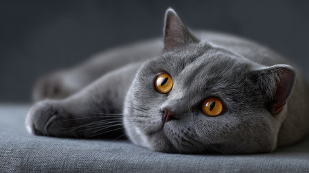 This stunning close-up image captures a relaxed gray cat with striking orange eyes, exuding a sense of calm and comfort in its cozy environment.の素材