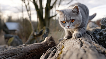 A curious gray cat with stunning orange eyes is skillfully stalking on a log, surrounded by a picturesque outdoor landscape in soft light.の素材