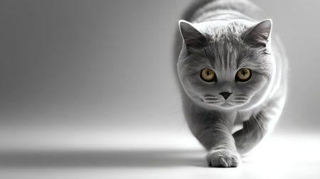 A striking image capturing a graceful white cat walking with intensity against a soft monochrome background. The catの素材