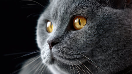 A captivating close-up portrait of a grey cat displaying striking amber eyes and soft fur. The image captures the animal's serene expression and intricate details in natural light.の素材