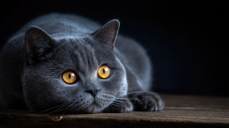 A captivating close-up of a gray cat with striking yellow eyes resting quietly on a dark wooden surface. The soft fur contrasts beautifully with the serene atmosphere, creating an enchanting portrait of domestic tranquility.の素材