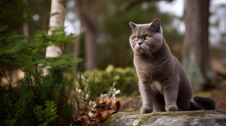 A charming gray cat sits gracefully on a stone, surrounded by lush greenery in a tranquil forest. Its captivating golden eyes and soft fur create a delightful atmosphere.の素材