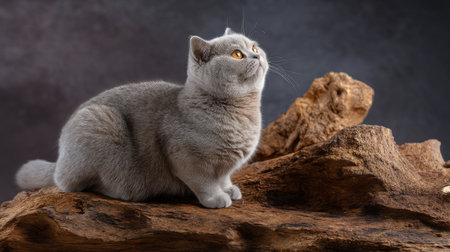 A captivating portrait of a gray cat seated gracefully on a wooden surface, gazing upward. The soft focus background enhances the feline's striking features and fur texture.の素材