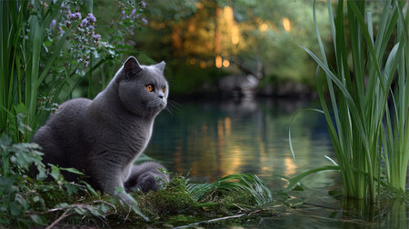 A charming grey cat rests by a tranquil pond, surrounded by lush greenery and vibrant wildflowers, capturing the essence of peaceful nature at twilight.の素材