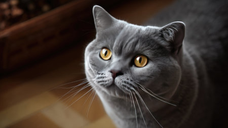 A charming gray cat with striking yellow eyes captured in a cozy indoor setting, evoking feelings of warmth and tranquility.の素材