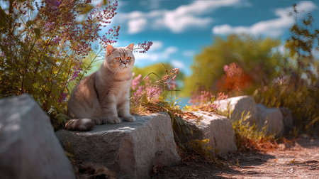 A serene scene featuring a majestic cat sitting gracefully on a stone amidst colorful wildflowers, under a vibrant blue sky dotted with fluffy clouds.の素材