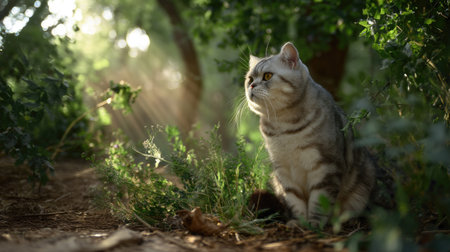 A beautiful gray cat sits quietly in a sunlit forest, surrounded by lush greenery. Soft rays illuminate its fur, creating a peaceful and tranquil scene.の素材