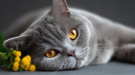 A beautifully captured image of a gray cat with striking yellow eyes, relaxing beside vibrant yellow flowers on a smooth gray background. The scene evokes calmness.の素材